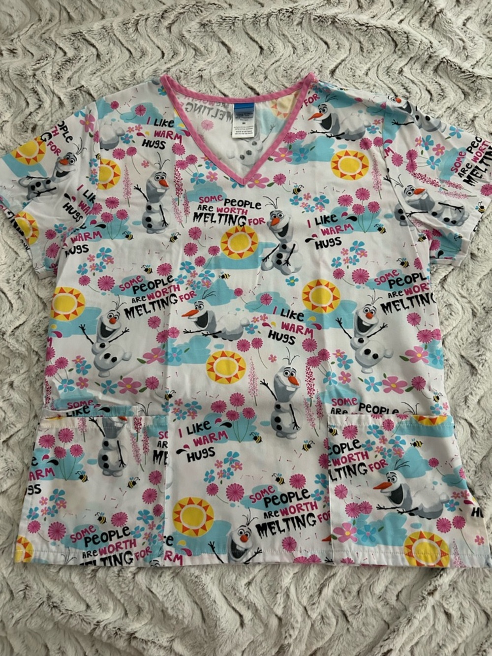 Disney Olaf Print Kids Pajama Top - White, Pink & Yellow